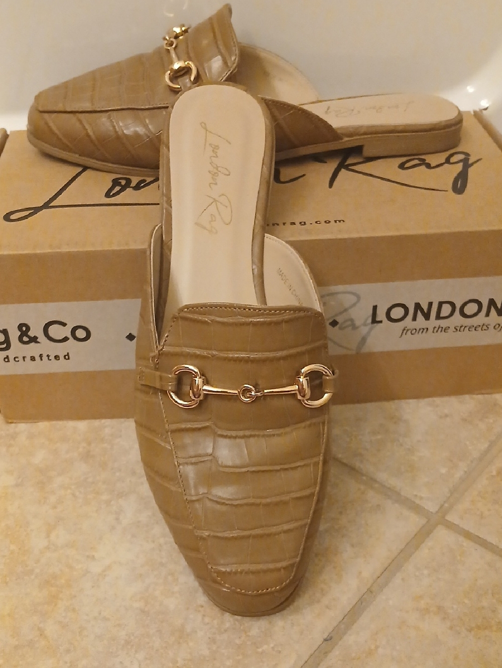 London Rag Taupe Croc-Embossed Slip-On Mules with Gold Horsebit